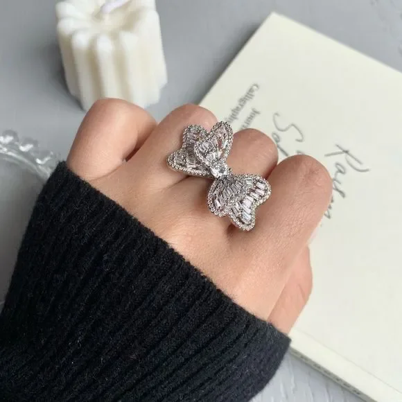 White Gold Plated Gorgeous Butterfly Statement Ring - Picture 2 of 3